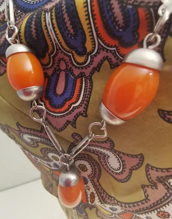 Vintage 30s Large Orange Galalith? Beaded Flapper Necklace Sink Chain.
