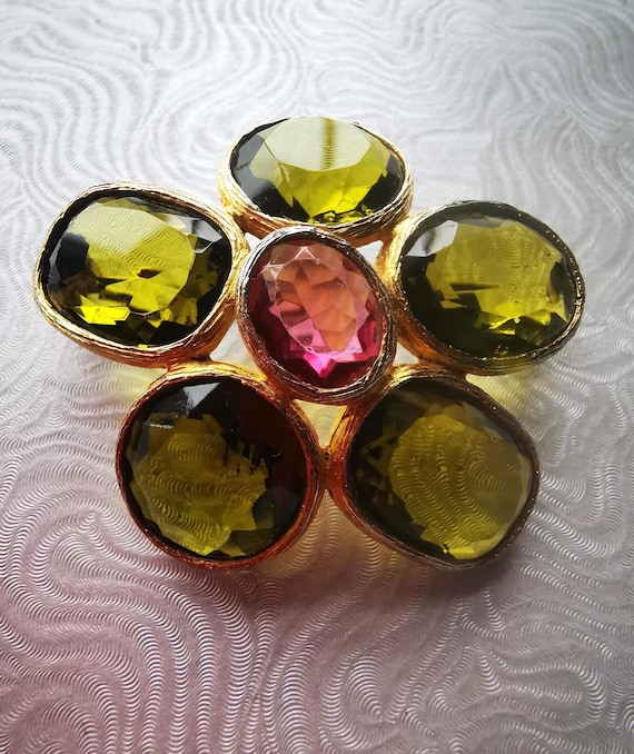 Accessocraft, New York Vintage 60s Pink and Lime Byzantine Brooch with Fabulous zesty Watermelon Tourmaline look-alike Multi Faceted Stones.