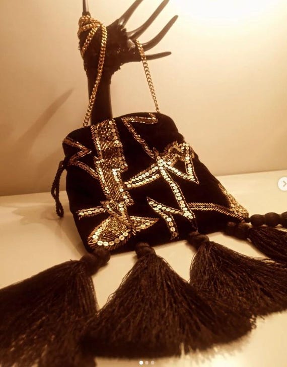 Biba Black Velvet Drawstring Wrist Purse or Gold Chain Shoulder Purse with Gold Sequins and Tassels - Cosplay Gatsby Flapper Girl