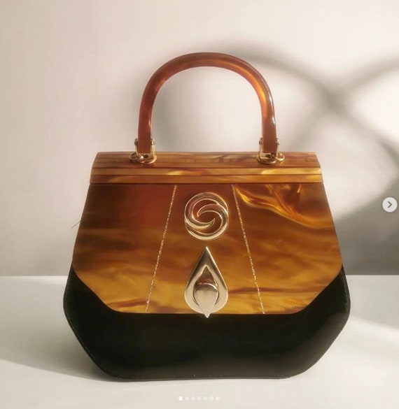 Vintage 80s Caramel Lucite and Black Patent Leather Handbag with long shoulder strap