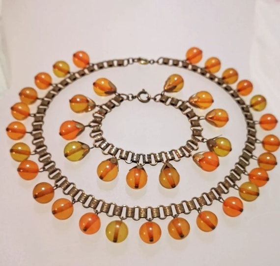 Antique Beaded Bakelite Apple Juice Book Chain Necklace and Bracelet Haskell Era.