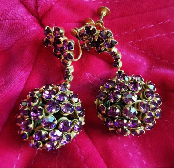 Rare! Vintage 60s 70s Disco Ball Rhinestone Dangle Earrings Purple Amethyst Hot Pink Colours