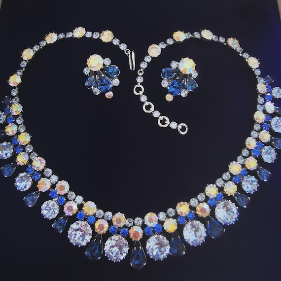 Vintage 60s Demi-Parure Necklace and Earrings - Montana Blue Teardrop, Sapphire Blue, Ice Blue and Aurora Borealis Austrian Rhinestones.