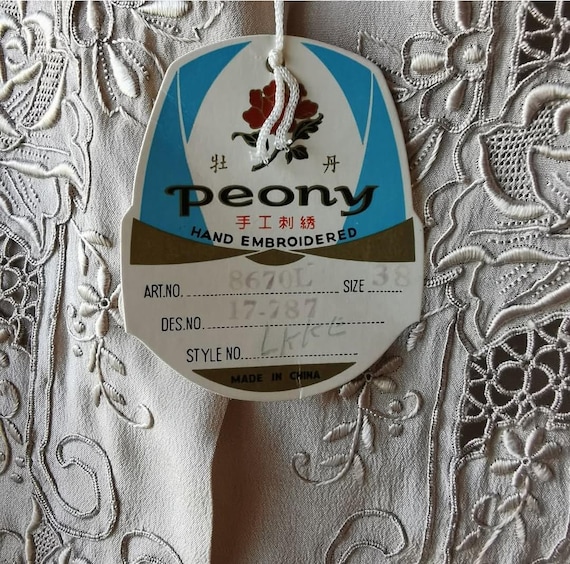 Vintage 100% Silk Beige, Hand Embroidery Blouse "Peony" Made in Shanghai, China