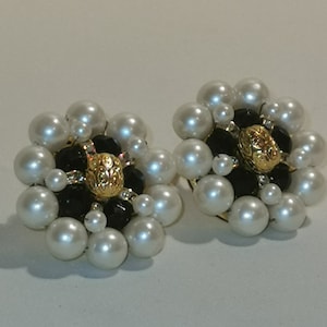 Vintage 80s Joan Collins Pearl Clip-On Earrings with Black Multi Faceted Beads and Diamantes, Signed Joan Collins.