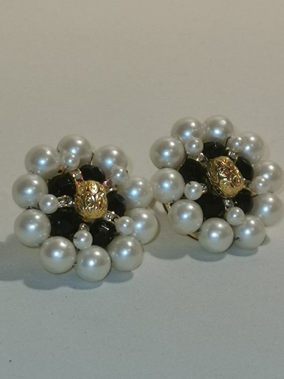 Vintage 80s Joan Collins Pearl Clip-On Earrings with Black Multi Faceted Beads and Diamantes, Signed Joan Collins.