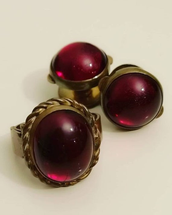 Antique French Victorian Cravat Ring with 30s Cufflink Studs with Glass Garnet colour Cabochons signed F Moore & Co.