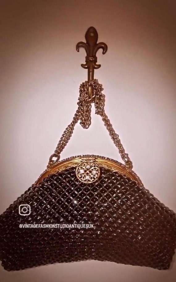 Rare Vintage 50s - 60s Oroton Black Mesh Purse with Ornate Rhinestone Clasp.