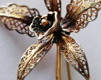Vintage Orchid Filigree Flower Brooch Continental Gold on Silver Wire Work.
