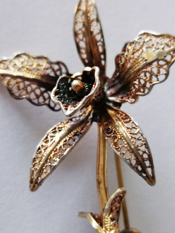 On Hold. Vintage Orchid Filigree Flower Brooch Continental Gold on Silver Wire Work.