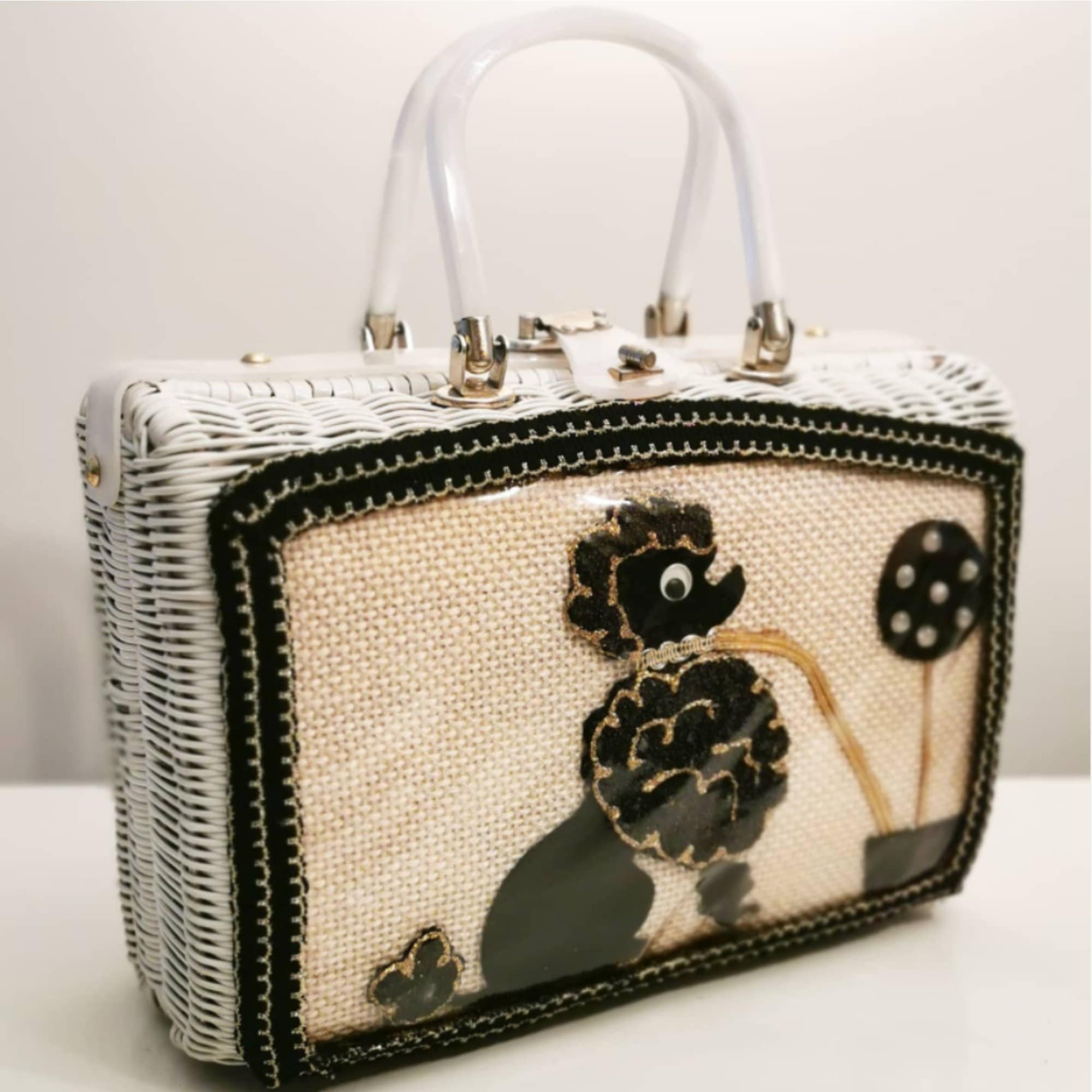 Vintage 50s American Googly Eyes French Poodle Purse with White Rattan Basket Weave and White Lucite handles by Tropical Miami Florida Bag