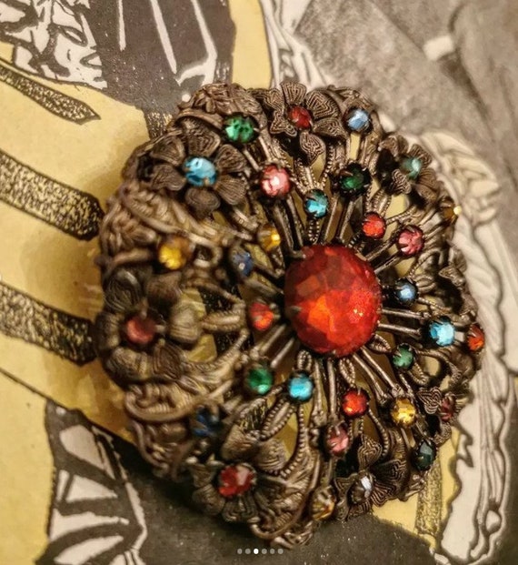 Large Vintage Circular Filigree Church Like Rose Window Czech Brooch with Multi-Coloured Flat Back Rose Montees.