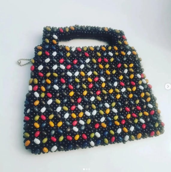 Vintage 30s Art Deco Colourful Wooden Beaded Purse, Label reads 'SCHOWANEK' Original Made in Czechoslovakia, The World's Best Product