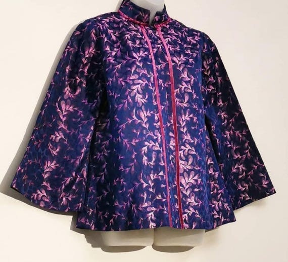 Vintage 60s Chinese Purple Pink Swing Jacket Top, Mandarin Collar, Velvet Detail