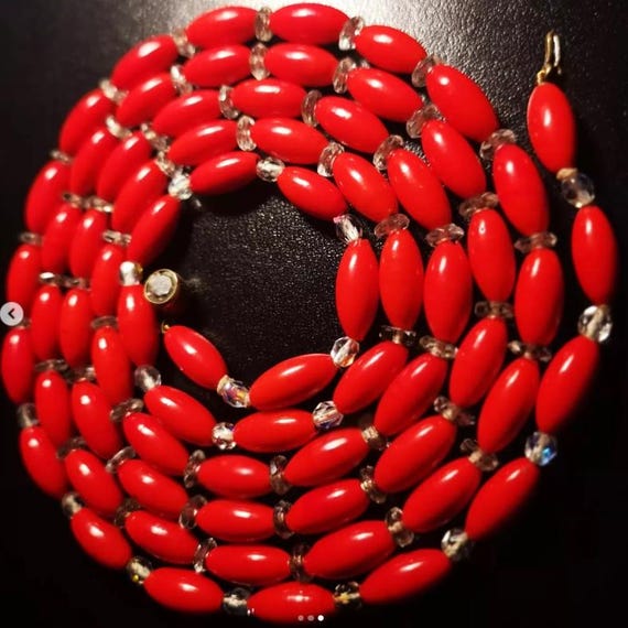 Vintage 20s Long Red Glass and Glass Crystal Beaded Flapper Necklace with Rhinestone Push Pin Clasp. Rare!