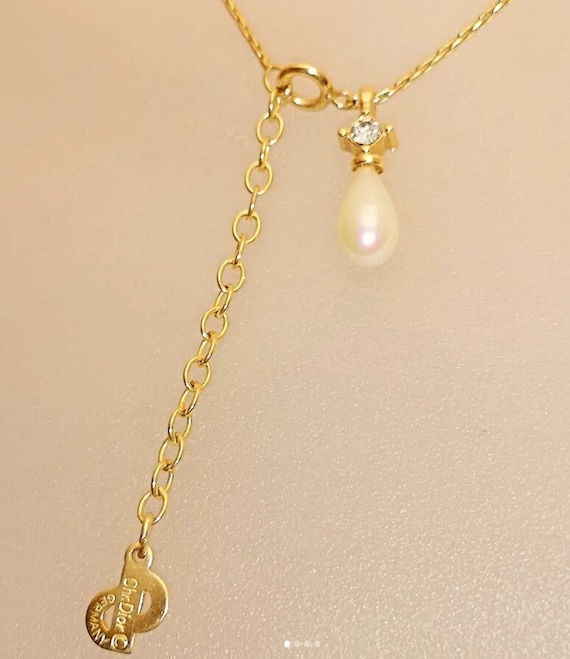 Vintage 80s 90s Christian Dior Drop Pearl and Crystal Fine Gold Plated Necklace Signed Chr. Dior Germany.