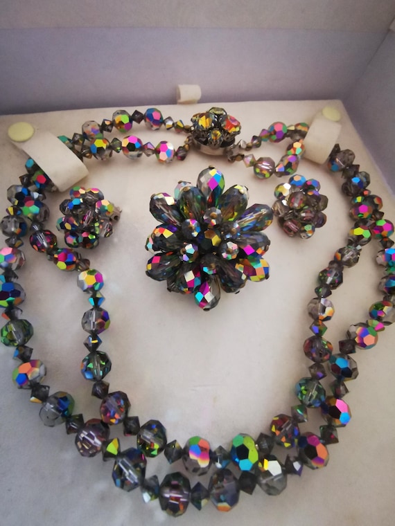 Vintage 60s Aurora Borealis, Austrian Crystal Necklace, Earrings and Brooch Parure.