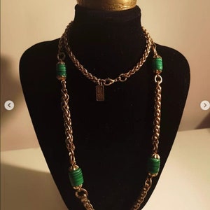 Vintage David Grau 80s Spanish Designer Green Swirled Art Glass Beaded Chunky Wheat Twist Braided Gold Tone Chain Necklace Signed David Grau