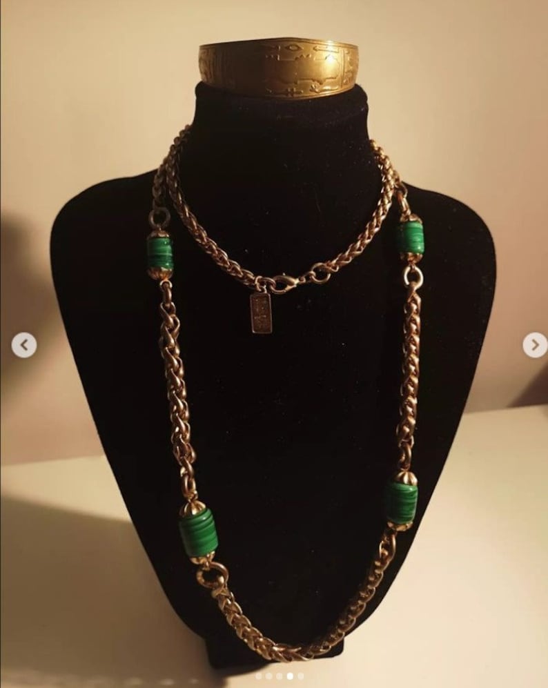 Vintage David Grau 80s Spanish Designer Green Swirled Art Glass Beaded Chunky Wheat Twist Braided Gold Tone Chain Necklace Signed David Grau
