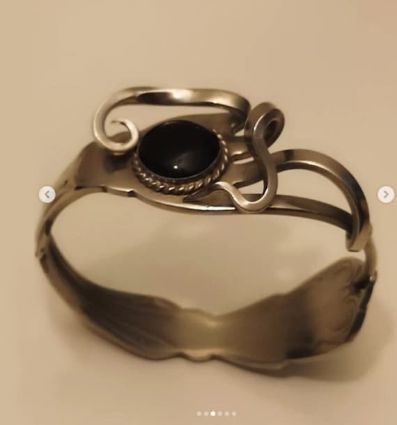 Vintage Art Nouveau Mexican Alpaca Silver Fork Bangle with Black Cabochon stamped Alpaca, Royal Mex.
