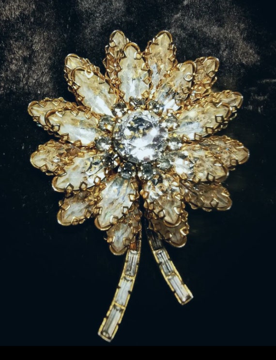 Vintage 50's Austrian Marquise Crystal Flower and Baguette Rhinestone Brooch unsigned Schoffel & Co.