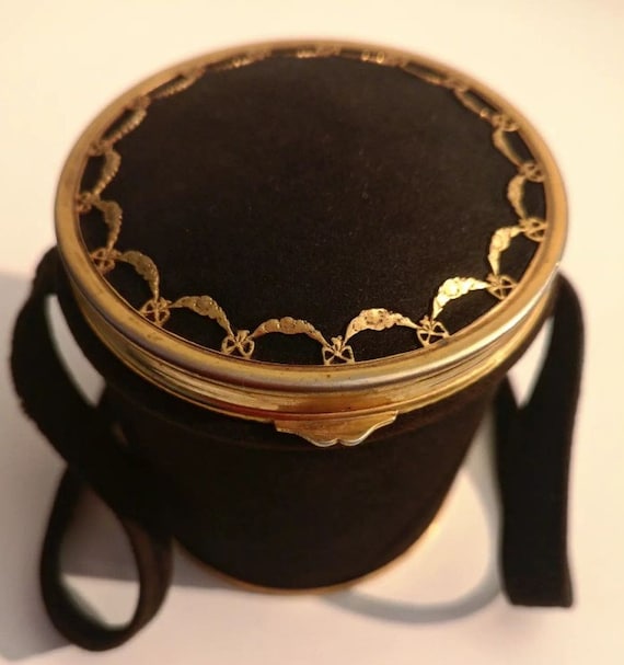 Rare Vintage Black Suede Minaudiere Purse Jeanne Bernard Les Creations Paris, Gold Victorian Bows & Swags detail encased Gold Compact.