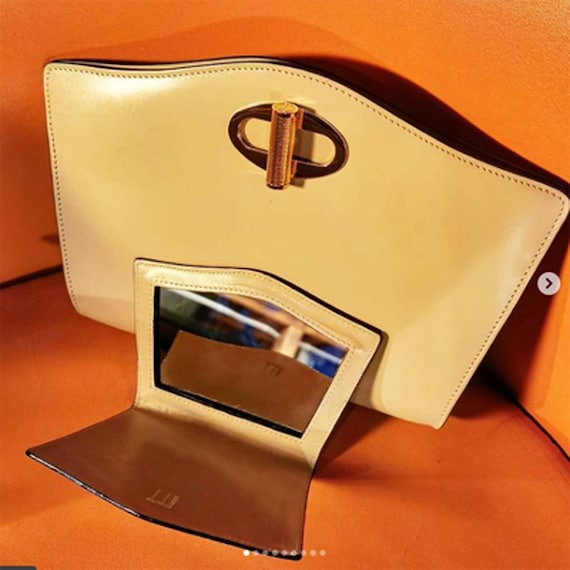 Dunhill Vintage 80s Cream Leather Clutch Bag with Gold Twist Clasp and Mirror by Dunhill