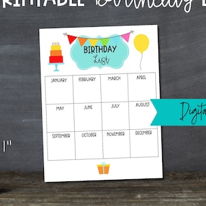 Printable Birthday List for Students or Family, Birthday List for School, Family Birthday List, Printable Organizers, Birthday Organizer