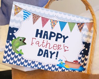 Glad fars dag fiske presentetiketter, fiskeetiketter, fars dag presentetiketter, utskrivbara presentetiketter, presentidéer för pappa, fisketiketter för fars dag