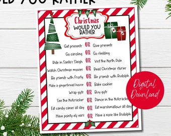 May include: A festive "Would You Rather" game card for Christmas, framed with red and white stripes. The card includes a Christmas tree illustration and a series of holiday-themed choices. A red circle with "Digital Download" is in the bottom right.