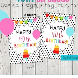 Cartelli e decorazioni per il 40° compleanno - Etichette per il 40° compleanno 5x7 - Biglietti per il 40° compleanno 5x7 - Decorazioni per il compleanno in bianco e nero - Buon compleanno 40° arcobaleno