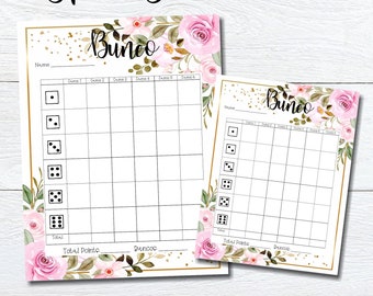 May include: Two printable Bunco scorecards with a floral design featuring pink roses and green leaves. The scorecards have a gold glitter background and the text "Bunco" in black. The text "Full 3 half sheets" is at the bottom of the image.