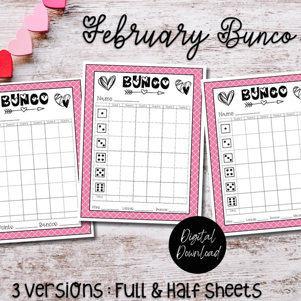 February Bunco Score Card, Valentines Printable Bunco Worksheets for February, Valentines Bunco Worksheet, Bunco Night Printable, Pink Bunco