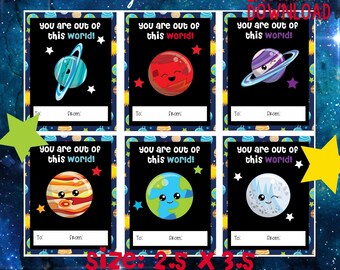 Kids Printable Space Valentines, Space Valentine's Day Cards, Boy Valentines, Girl Valentines, Classroom Valentines for Kids, Space, Planets