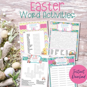 May include: Four printable Easter word games with a pink, blue, and green color scheme. The games include a word scramble, word search, crossword puzzle, and a word list. The text "Easter Word Activities" is at the top of the image. The text "Instant Download" is in the lower right corner of the image.
