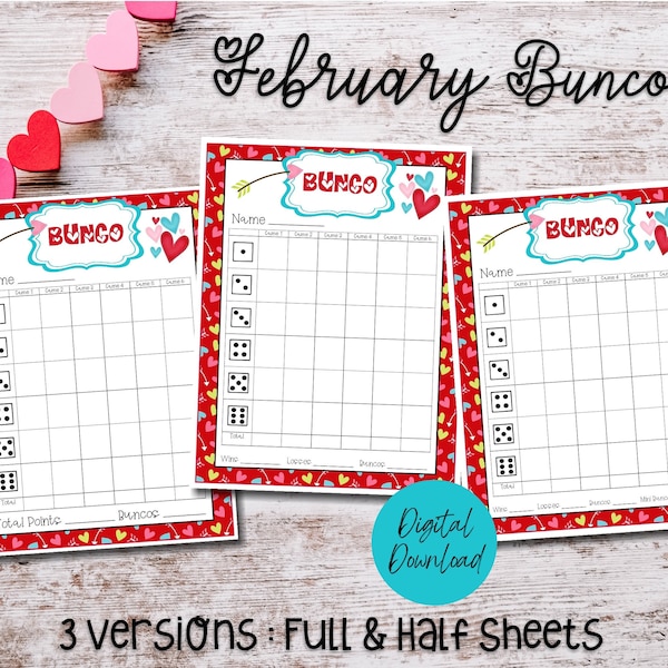 February Bunco Score Card, Valentines Bunco Sheets, Printable Bunco Worksheets, Bunco Game Night, Party Games, Bunco Printables for February