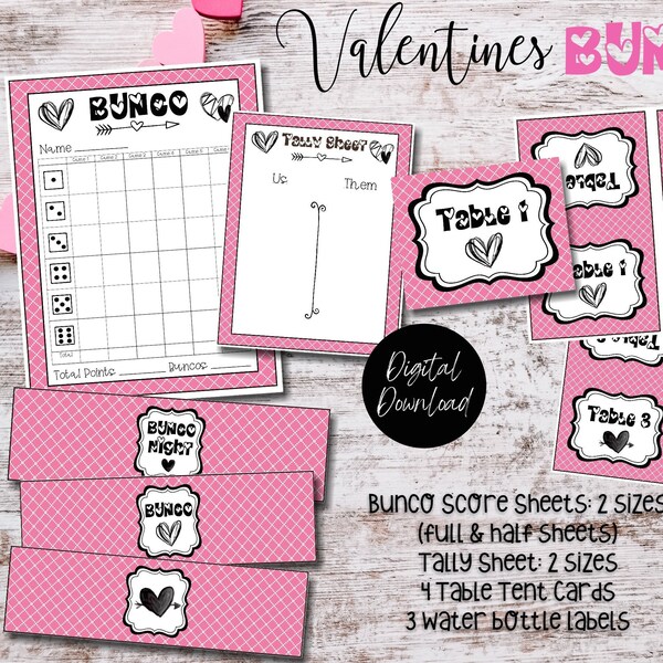 Valentines/February Bunco Bundle, February Bunco Score Cards, Valentines Bunco Score Sheets, February Bunco Night, Bunco Printables