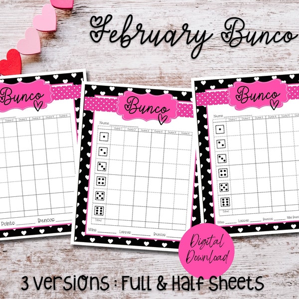 February Bunco Score Cards, Printable Bunco Worksheets for February, Valentines Bunco Worksheet, Bunco Night Printables, Pink Bunco