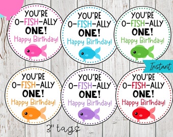 You're O-Fish-ally One Gift Tags, First Birthday Gift Tags, Fish First Birthday Tags, Happy 1st Birthday, Fish Birthday Printables, Digital