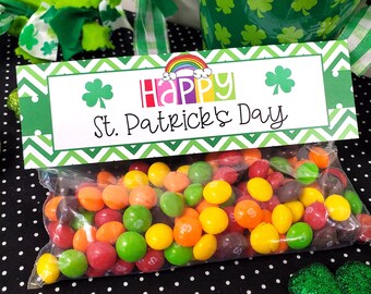 Happy St. Patrick's Day Treat Bag Topper, St. Patrick's Day Printables, Happy St. Patrick's Party Favors, Rainbow, Green Clover Bag Topper