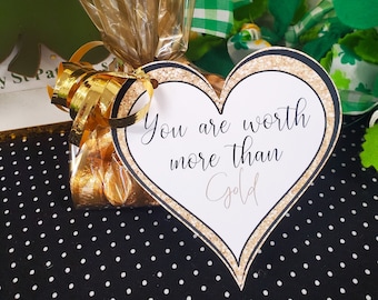 You Are Worth More Than Gold Gift Tags, St. Patrick's Day Printable Tags, Gold Hearts, Printable Gold and Black Gift Tags, Love, Digital