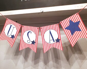 USA 4th of July Banner, Red White and Blue Banner, July 4th Printables, USA Banner, Stars and Stripes, July Printable Banners, Star Banner
