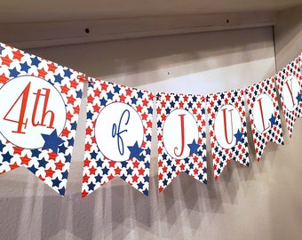 4th of July Banner, 4th of July Party Printables, July 4th Decorations, Banner, Red White and Blue, Stars and Stripes, Independence Day