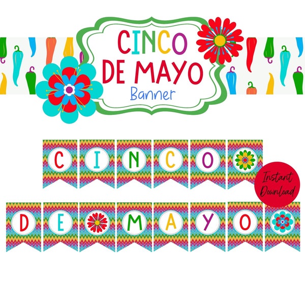 Cinco de Mayo Banner, Printable Banner for Cinco de Mayo, Cinco de Mayo Party Decorations, Party Printables, Bright Banner for Cinco de Mayo