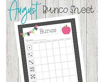 May include: A printable 21.59 x 27.94 cm August Bunco score sheet featuring a dark grey polka dot border, a colourful pennant banner, a pink chevron apple graphic, and a grid for tracking game rounds, dice rolls, total points, and total Buncos.