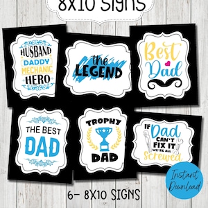 Letreros para el Día del Padre de 8 x 10, letreros imprimibles para el Día del Padre, letreros negros, azules y amarillos para el Día del Padre, imprimibles para el Día del Padre, decoración para fiestas