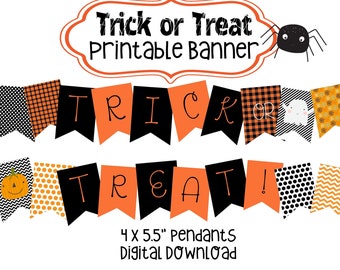 Trick or Treat Printable Banner, Halloween Banner, Halloween Decorations, Party Decorations, Halloweeen Party Supplies, Orange and Black