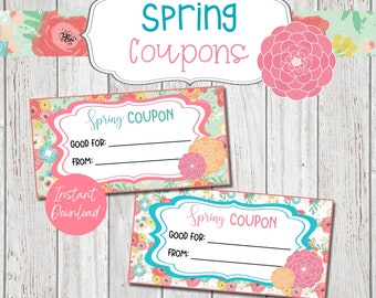 Spring Coupons, Printable Coupons for Easter, Kids Spring Coupons, Spring Gifts, Spring Gift Ideas, Spring Printables, Digital Download