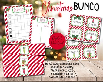 May include: A collection of Christmas Bunco game printables. Includes score sheets, tally sheets, table tent cards, and water bottle labels. The designs feature red and white diagonal stripes, holly, and carrot graphics. The words "Christmas Bunco" are at the top.