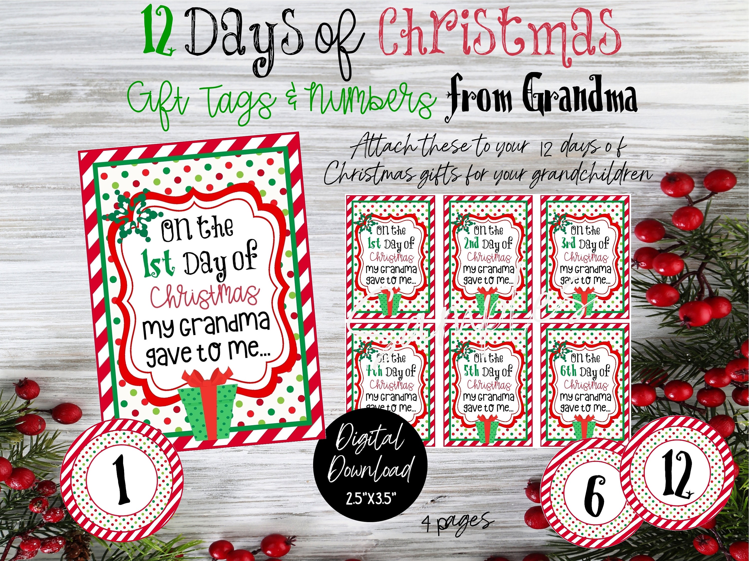 12 Days of Christmas from Grandma Gift Tags, 12 Days of Christmas Gift Tags, Twelve Days of Christmas, Digital Gift Tags, Digital Download